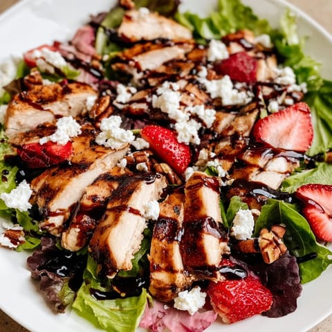 Grilled chicken slices rest atop mixed greens, bright strawberries, and creamy feta in this Strawberry Balsamic Chicken Salad.  