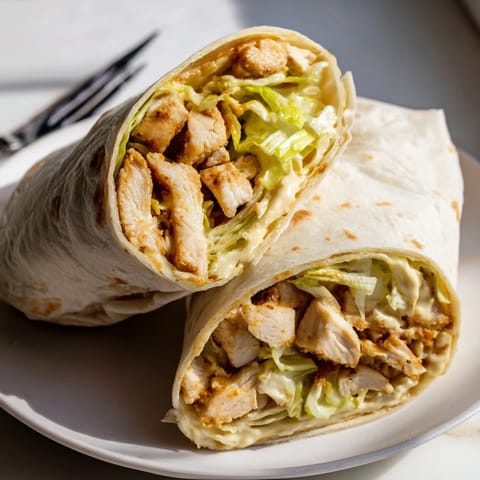 A close-up of a sliced Honey Mustard Chicken Wrap, revealing tender chicken, fresh lettuce, and a creamy honey-mustard sauce inside a warm tortilla.