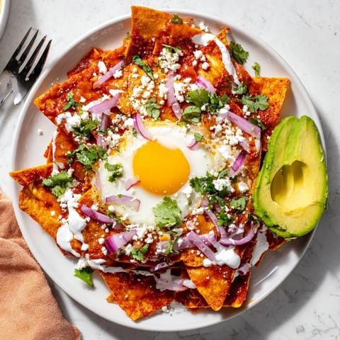 Crispy homemade tortilla chips smothered in zesty salsa verde, topped with creamy avocado slices and a perfectly runny yolk.