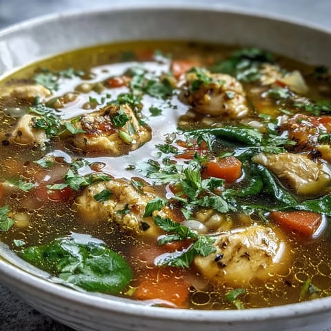 Close-up of Soothing Turmeric Chicken With Pearl Barley in a rustic pot, showcasing chunky vegetables and glistening olive oil on top.