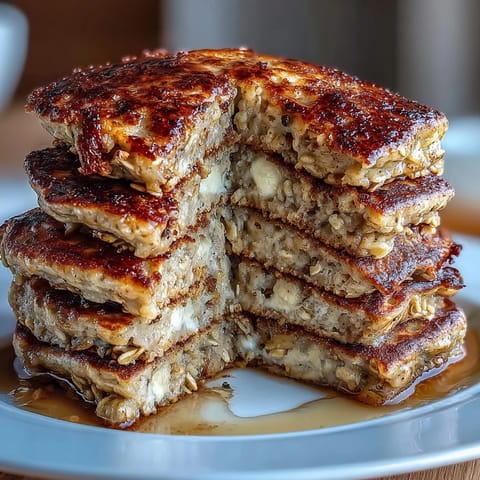 Freshly cooked Banana Oat Pancakes stacked high, golden brown and ready for a drizzle of maple syrup.  