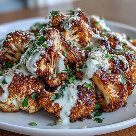 A vibrant, close-up view of caramelized cauliflower with a tangy lentil salad, topped with a rich cumin tahini yogurt sauce and toasted sesame seeds.