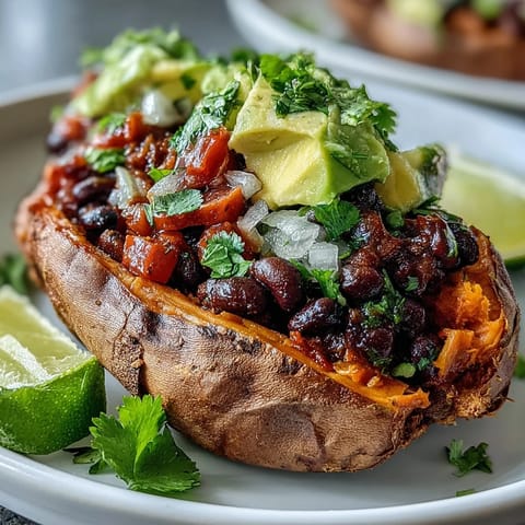 A hearty plate of roasted sweet potatoes with chipotle black beans and zesty tomato salsa, finished with avocado.  
