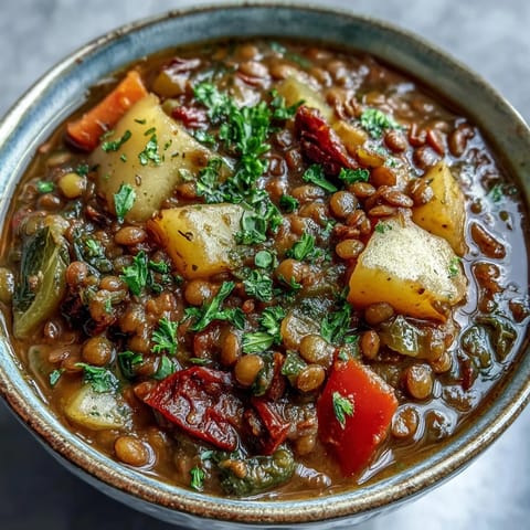 A close-up of hearty Vegetarian Lentil Stew bubbling in a pot with rustic crusty bread nearby.