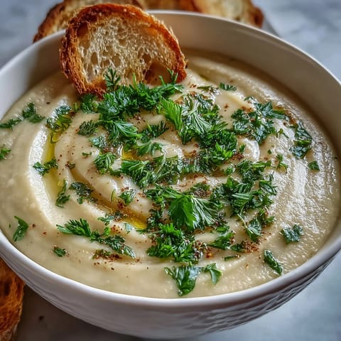 Roasted parsnips blended into silky Parsnip and Herb Soup, drizzled with olive oil and paired with crusty bread for dipping.