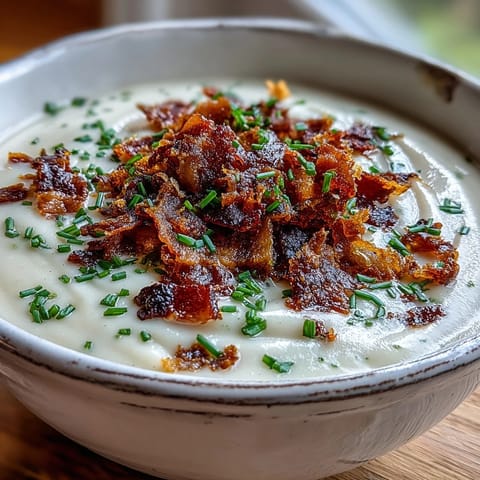 A rustic bowl of Creamy Celeriac Soup with Crispy Bacon served alongside crusty bread and a glass of white wine.