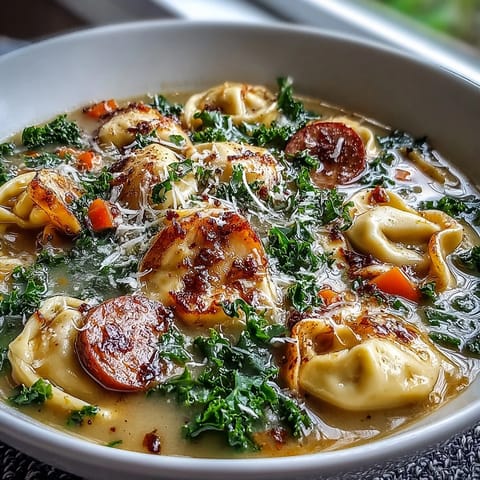 A bowl of creamy Pumpkin Tortellini Soup with Chicken Sausage and kale, garnished with fresh parsley and grated Parmesan cheese.