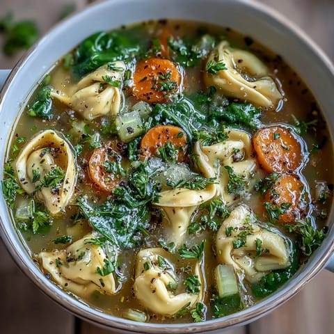 Warm Easy Tortellini Soup with Chicken Broth served in a rustic bowl with a golden Parmesan swirl.