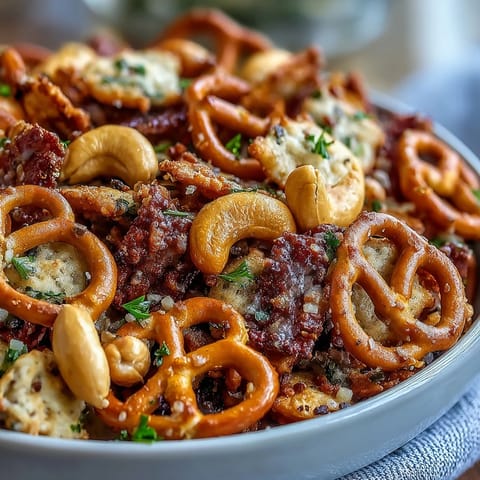 Golden-brown Everything Ranch Cheese and Pretzel Snack Mix spills from a white bowl, featuring crunchy pretzels, cheesy crackers, and cashews glistening with savory seasoning.  