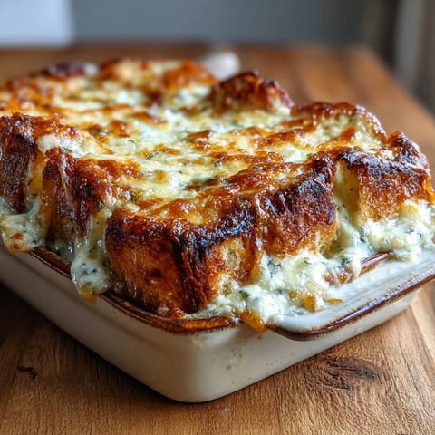 A spoon lifts creamy béchamel sauce from this hearty French casserole topped with buttery bread.