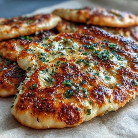 Freshly baked The Best Easy Garlic Naan Bread topped with melted butter and minced garlic.