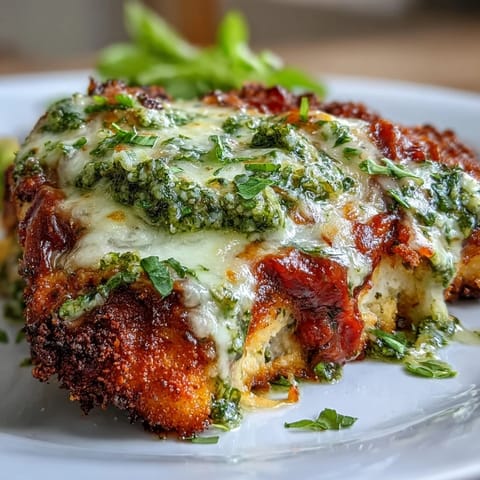 Topped with shredded mozzarella and Parmesan, the baked Pesto Chicken Parmesan emerges from the oven with bubbly, golden cheese.
