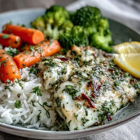 Golden herb-baked tilapia sits atop fluffy white rice with crisp steamed broccoli and carrots.