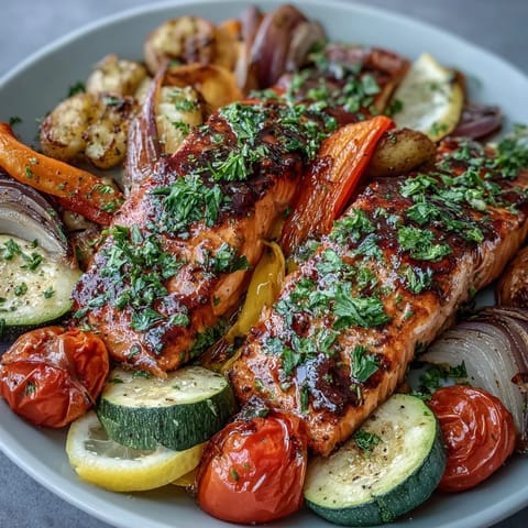 Roasted salmon and rainbow vegetables on a sheet pan garnished with parsley and lemon wedges.