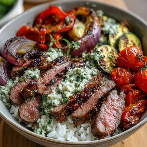 Colorful Grilled Steak Bowl with fluffy rice, roasted vegetables, and chimichurri sauce. 