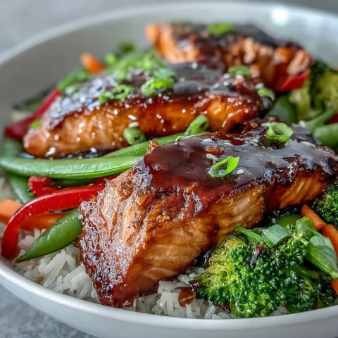 Vibrant stir-fry veggies and juicy glazed salmon nestled in steaming jasmine rice for a Teriyaki Salmon Bowl.