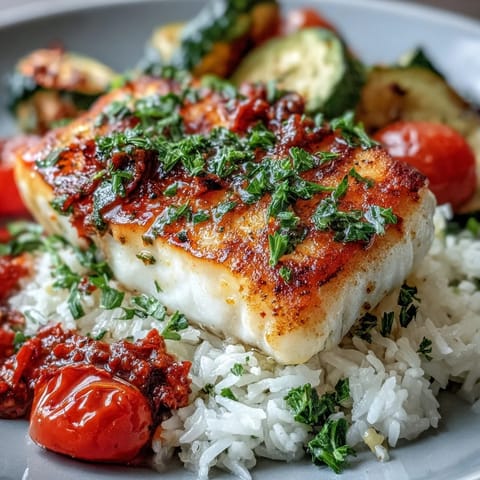 A vibrant Pan-Seared Fish Bowl featuring golden, flaky cod fillets topped with fresh parsley and a garlic butter lemon glaze.
