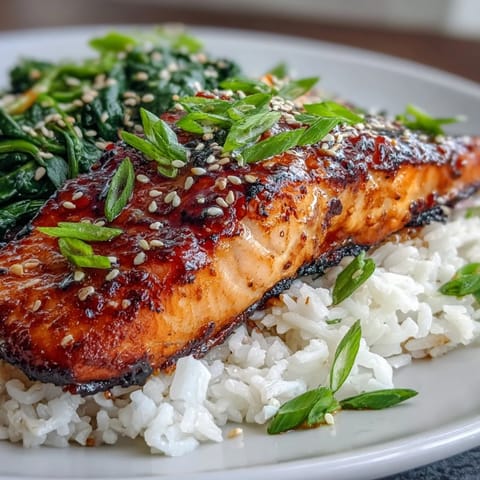 A close-up of a Miso Glazed Salmon Bowl showing caramelized salmon on fluffy jasmine rice and sautéed spinach, topped with sesame seeds and green onions.