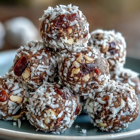 Twelve freshly rolled Hojicha Energy Balls sit on a white plate, coated in shredded coconut with a few cacao nibs for extra crunch.