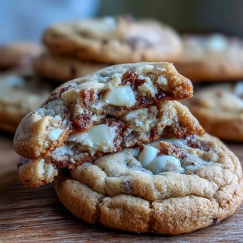 Golden-edged Hojicha White Chocolate Cookies with a soft center, paired with a steaming mug for a cozy dessert experience.