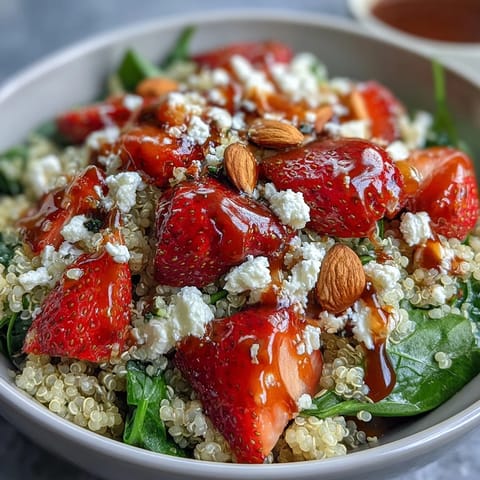A colorful strawberry feta quinoa salad with juicy berries, creamy cheese, and fresh spinach, drizzled with balsamic dressing.