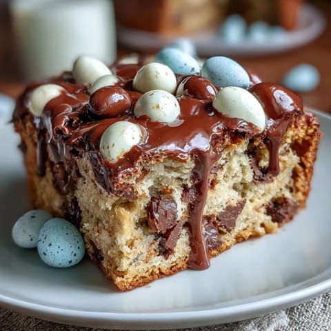 Cadbury Egg Blondies with White Chocolate Drizzle: chewy, colorful dessert bars loaded with Mini Eggs and drizzled with creamy white chocolate.