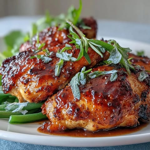 Juicy chicken breasts glazed in honey mustard sauce, paired with tender-crisp green beans for a simple, flavorful meal.