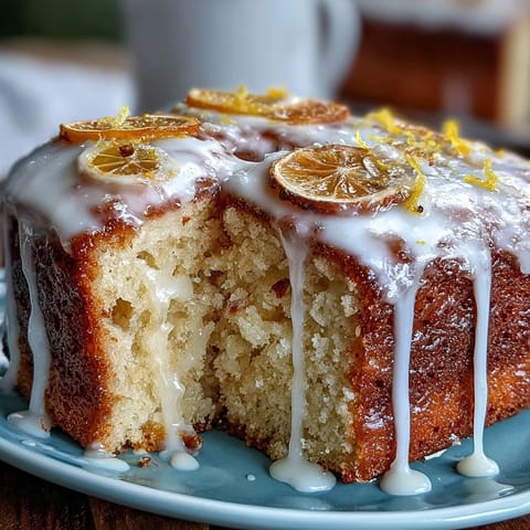 Moist lemon drizzle loaf cake topped with tangy lemon glaze, served on a wooden board with fresh lemon slices.