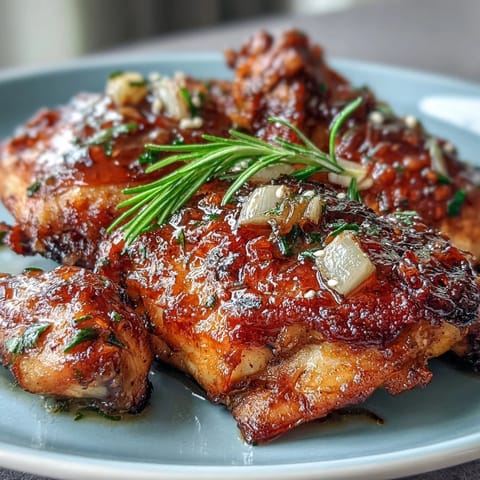Oven-baked honey garlic chicken thighs with a sweet and savory glaze, served with sesame seeds for added texture.  