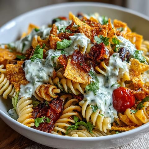 Taco Pasta Salad with Doritos and Avocado Ranch in a colorful bowl, topped with crunchy Doritos and creamy dressing.  