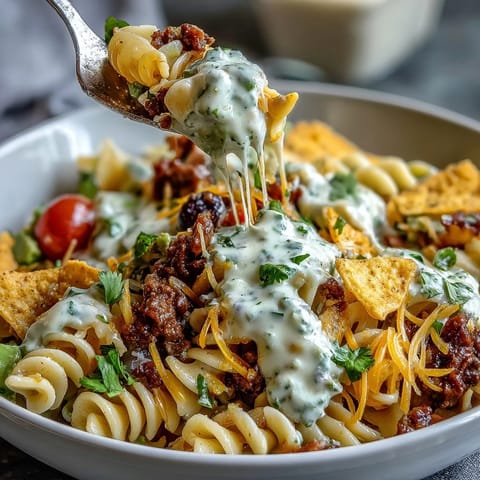 Creamy avocado ranch coats rotini pasta, black beans, and veggies in this vibrant Taco Pasta Salad with Doritos.  