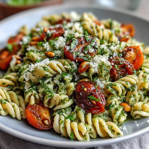 A vibrant summer pasta salad with pesto and cherry tomatoes, bursting with fresh basil and parmesan flavors.