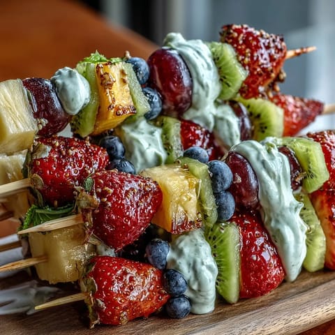 Vibrant rainbow fruit skewers featuring strawberries, pineapple, kiwi, blueberries, and grapes with creamy honey-yogurt dip for a refreshing summer treat.  