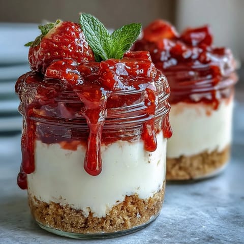 No-Bake Strawberry Cheesecake Jars with creamy layers and fresh strawberry compote in glass jars.