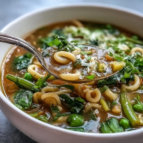 Vibrant Spring Minestrone soup bursting with colorful vegetables and tender pasta.