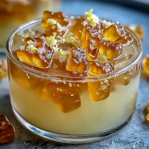 Playful, visually appealing Gummy Bear Lemonade Jelly Cups, perfect for a refreshing party dessert.