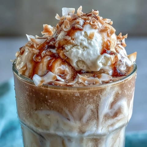 Creamy coconut cold brew float topped with melting vanilla bean ice cream.