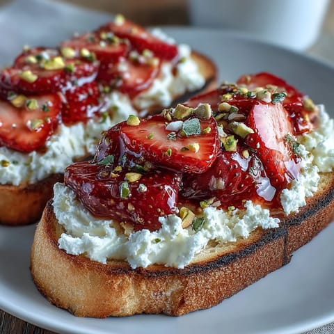Strawberry Honey Ricotta Toast with Pistachios looks vibrant and delicious.