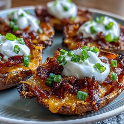 Crispy loaded sweet potato skins with melty cheddar and bacon, ready to devour.