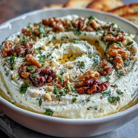 Creamy whipped feta dip with honey drizzle, crunchy walnuts, and fresh herbs in a shallow bowl.