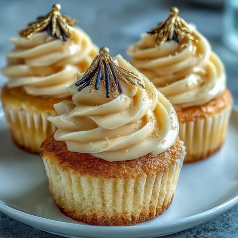 Festive vanilla graduation cupcakes adorned with shiny black and gold fondant caps.
