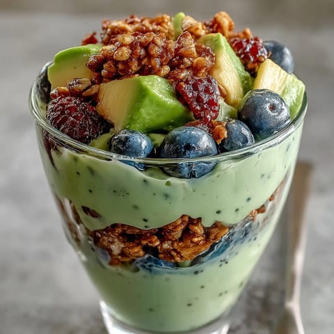 Thick, fiber-rich avocado chia pudding parfait topped with crunchy granola.