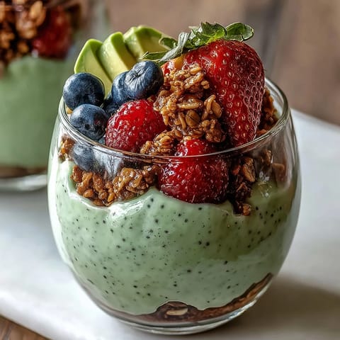 Creamy avocado chia pudding parfait layered with vibrant berries.