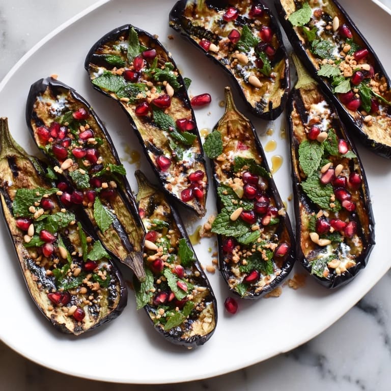 This photo shows beautifully roasted eggplant with pomegranate seeds, offering a delicious burst of flavor.