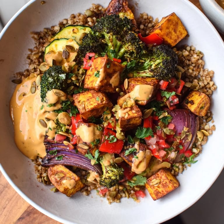 Warm, inviting picture of a Hearty Roasted Vegetable and Farro Grain Bowl, perfect for a healthy and satisfying meal.