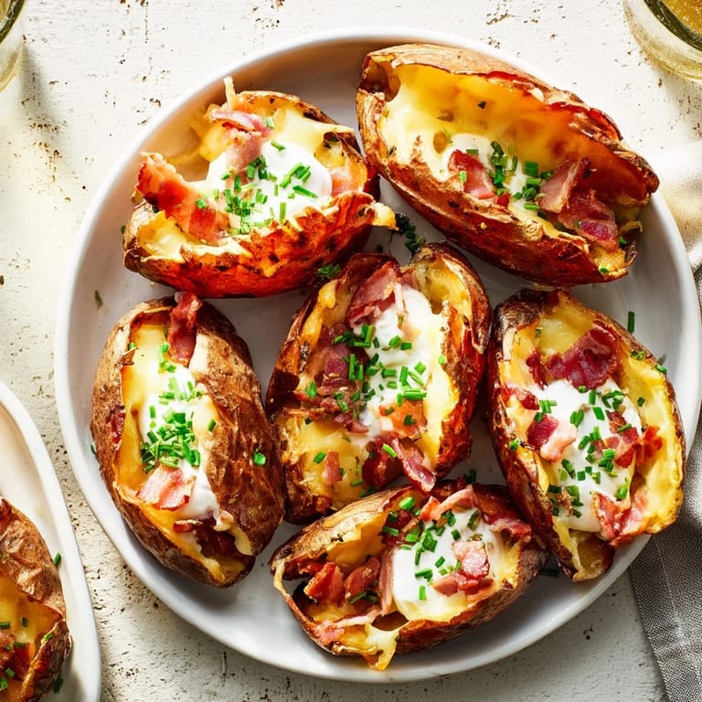 A close-up of cheesy Air Fryer Potato Skins with crispy edges, ready to eat with fresh chives.