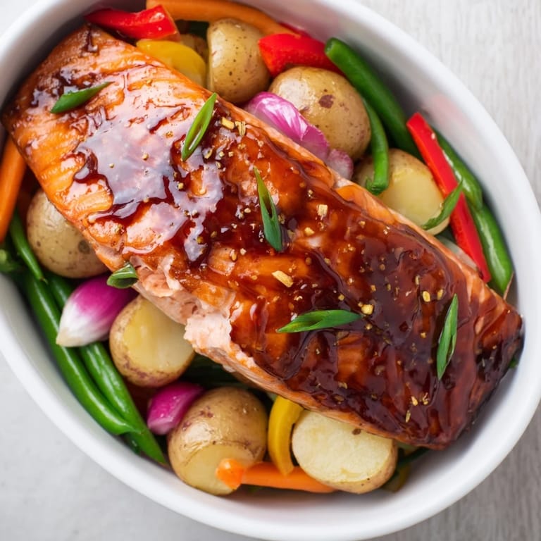A photo showcasing delicious One-Tray Baked Salmon with tender vegetables, ready for a flavorful bite.