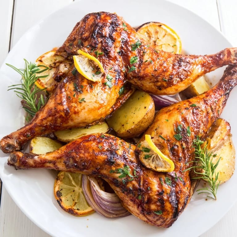 Delicious One-Dish Baked Chicken Thighs with lemon, thyme and potatoes; a complete, flavorful Mediterranean meal.