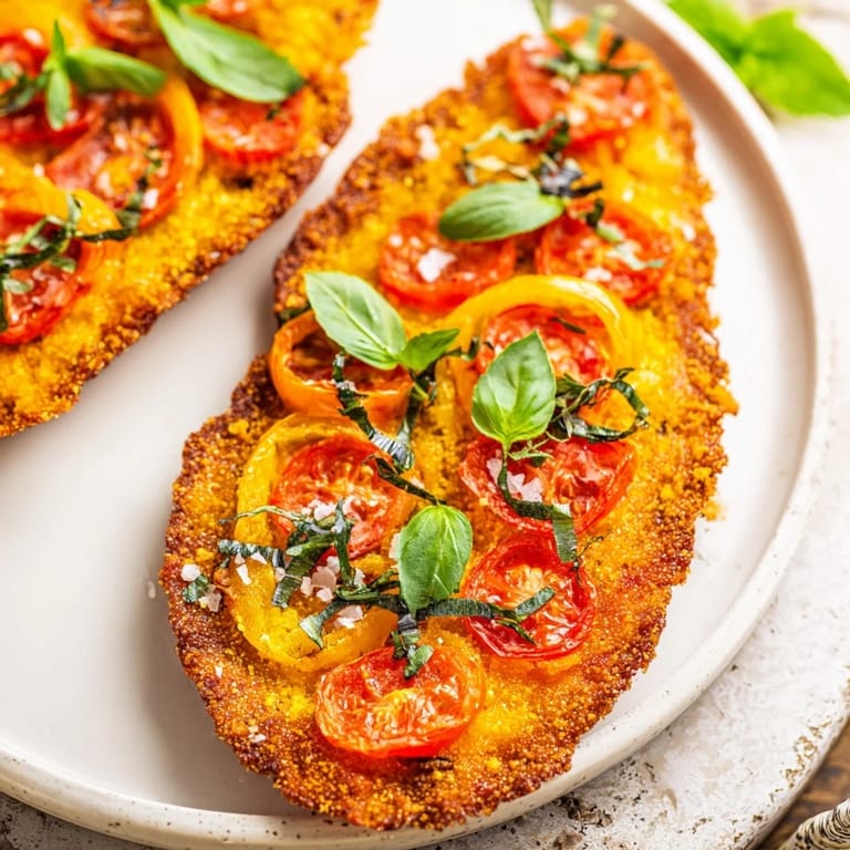 Golden, crispy Simple Homemade Tomato and Basil Flatbread with a drizzle of olive oil, ready to eat.