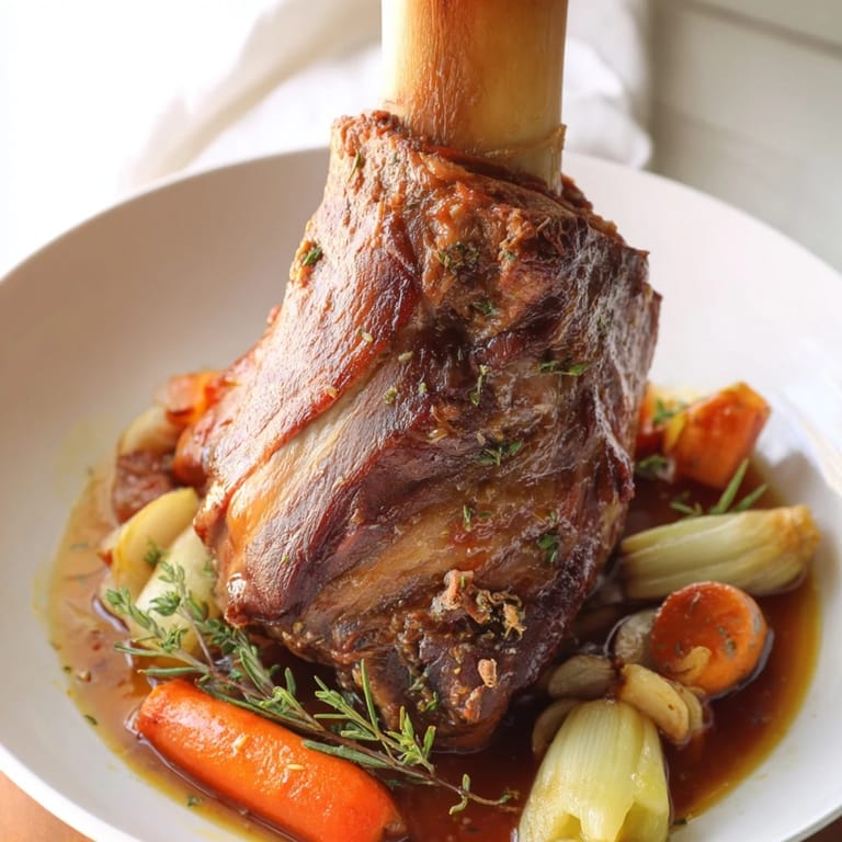 Golden-brown Slow-Roasted Lamb Shanks, perfectly cooked with aromatic rosemary and served sizzling.